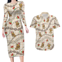 Beige Palaka Hawaii Mele Kalikimaka Couples Matching Long Sleeve Bodycon Dress and Hawaiian Shirt Ohia Lehua Shell Leis Funny Gingerbread Santa LT14 Beige - Polynesian Pride