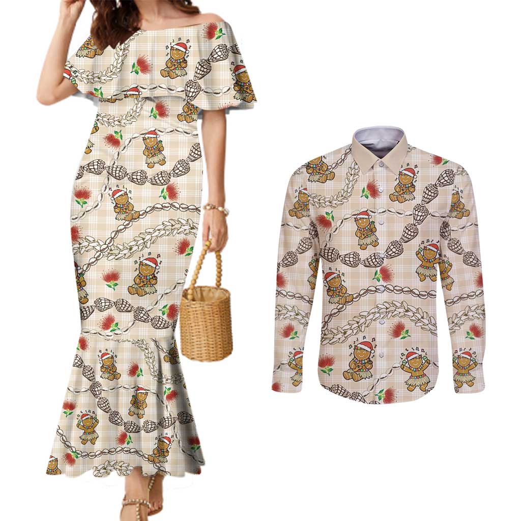 Beige Palaka Hawaii Mele Kalikimaka Couples Matching Mermaid Dress and Long Sleeve Button Shirt Ohia Lehua Shell Leis Funny Gingerbread Santa - Polynesian Pride