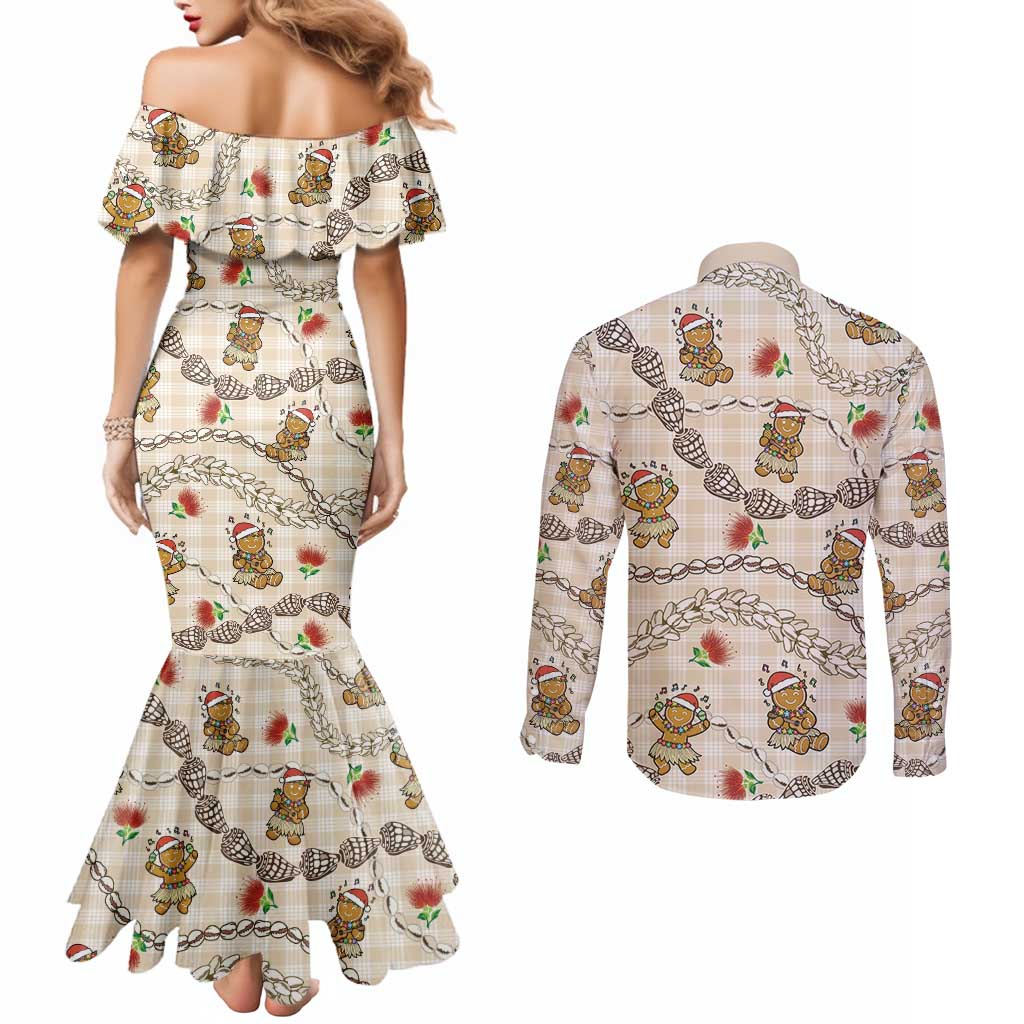 Beige Palaka Hawaii Mele Kalikimaka Couples Matching Mermaid Dress and Long Sleeve Button Shirt Ohia Lehua Shell Leis Funny Gingerbread Santa LT14 - Polynesian Pride