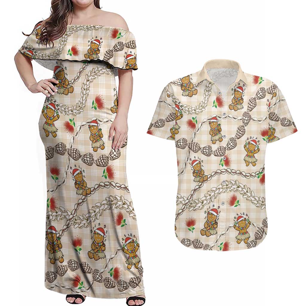 Beige Palaka Hawaii Mele Kalikimaka Couples Matching Off Shoulder Maxi Dress and Hawaiian Shirt Ohia Lehua Shell Leis Funny Gingerbread Santa LT14 Beige - Polynesian Pride
