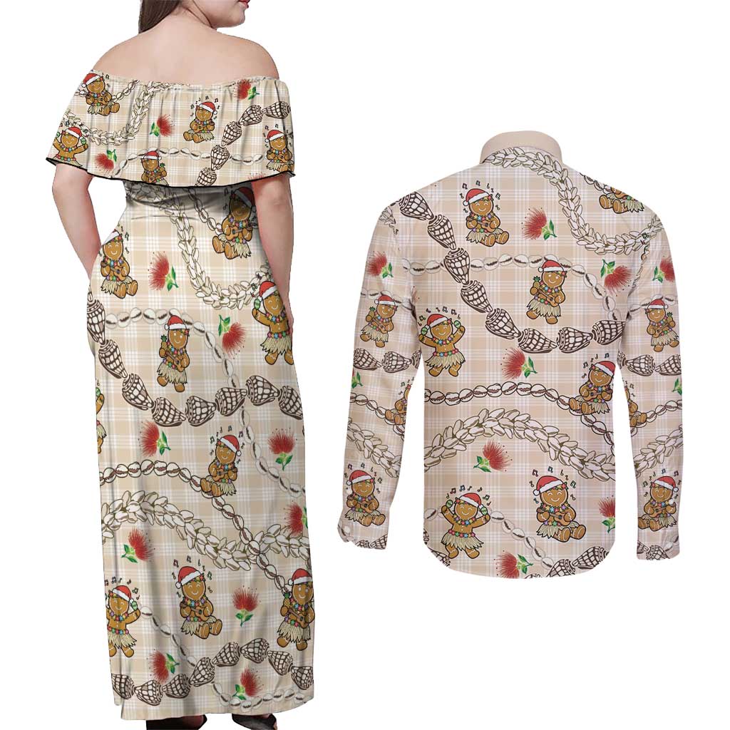 Beige Palaka Hawaii Mele Kalikimaka Couples Matching Off Shoulder Maxi Dress and Long Sleeve Button Shirt Ohia Lehua Shell Leis Funny Gingerbread Santa LT14 - Polynesian Pride