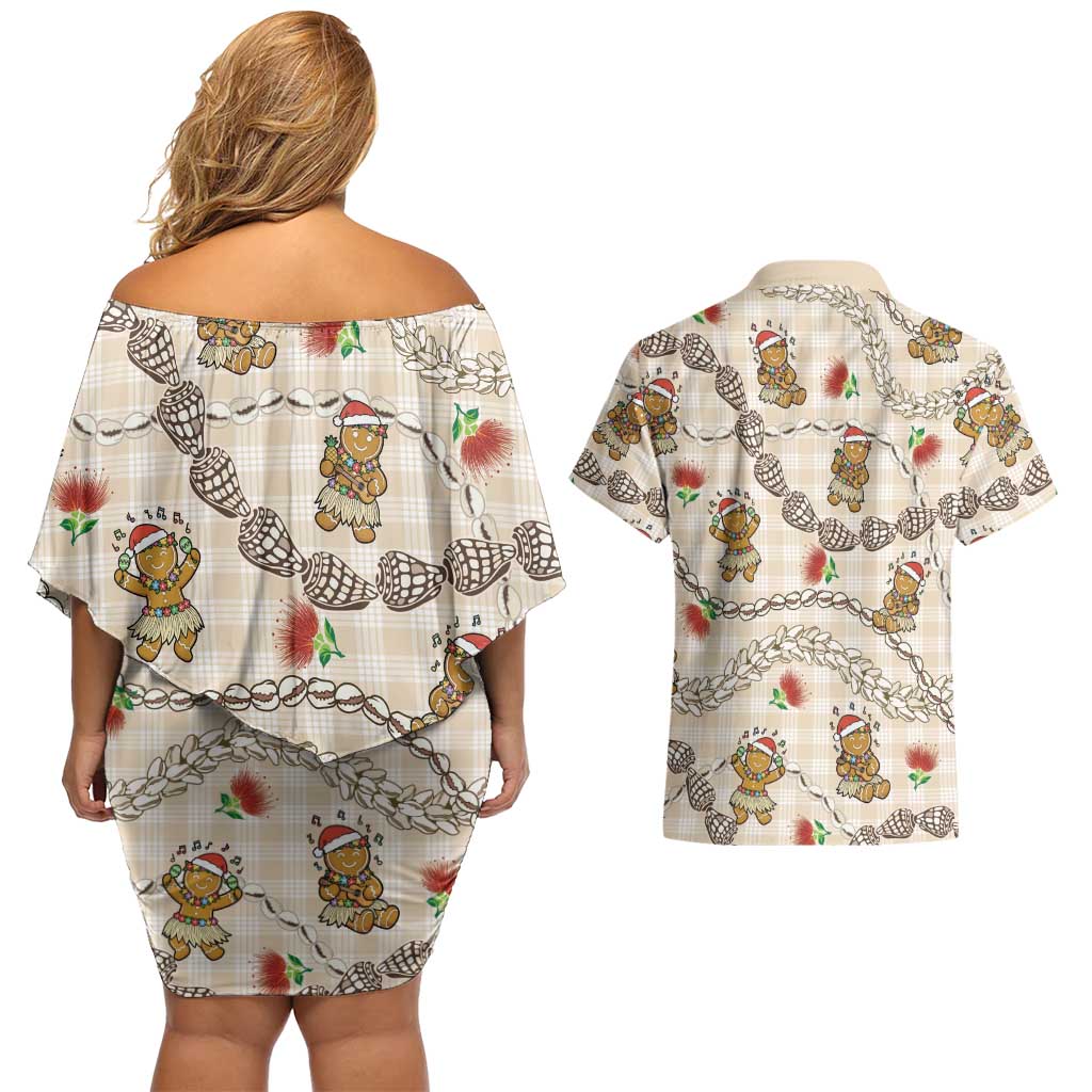 Beige Palaka Hawaii Mele Kalikimaka Couples Matching Off Shoulder Short Dress and Hawaiian Shirt Ohia Lehua Shell Leis Funny Gingerbread Santa LT14 - Polynesian Pride