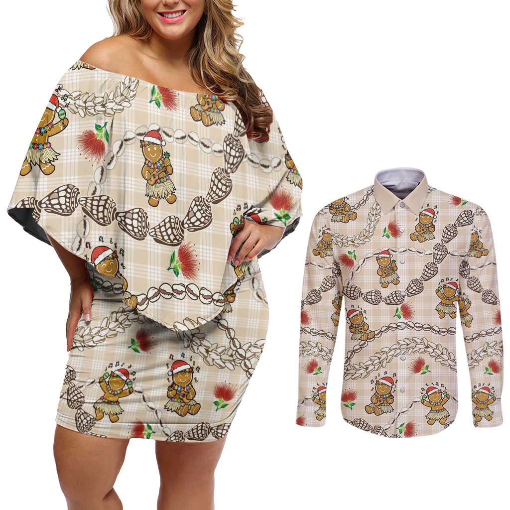 Beige Palaka Hawaii Mele Kalikimaka Couples Matching Off Shoulder Short Dress and Long Sleeve Button Shirt Ohia Lehua Shell Leis Funny Gingerbread Santa LT14 Beige - Polynesian Pride