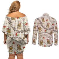 Beige Palaka Hawaii Mele Kalikimaka Couples Matching Off Shoulder Short Dress and Long Sleeve Button Shirt Ohia Lehua Shell Leis Funny Gingerbread Santa LT14 - Polynesian Pride