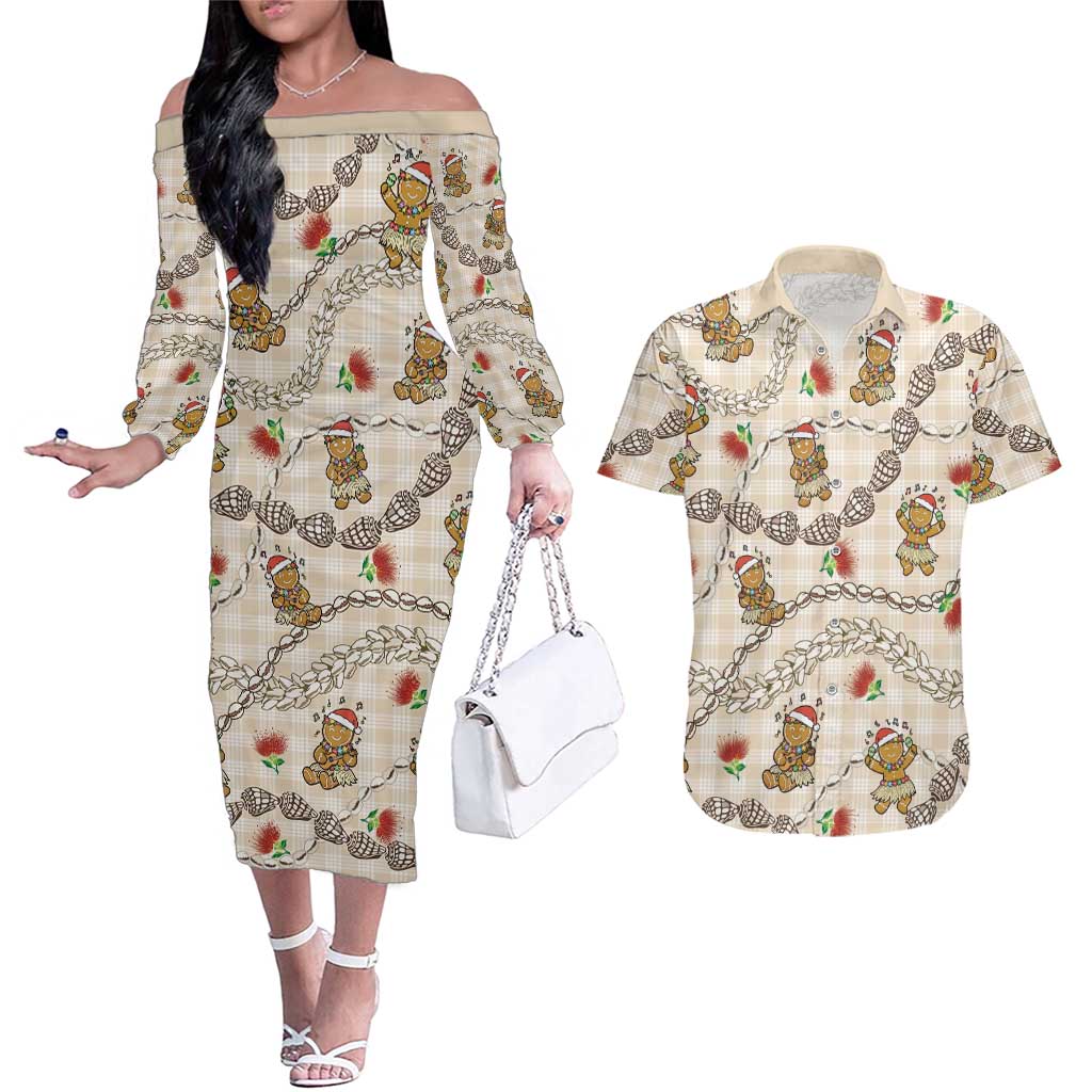 Beige Palaka Hawaii Mele Kalikimaka Couples Matching Off The Shoulder Long Sleeve Dress and Hawaiian Shirt Ohia Lehua Shell Leis Funny Gingerbread Santa - Polynesian Pride