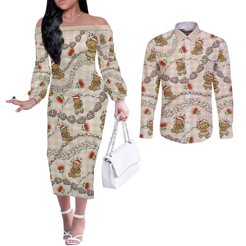 Beige Palaka Hawaii Mele Kalikimaka Couples Matching Off The Shoulder Long Sleeve Dress and Long Sleeve Button Shirt Ohia Lehua Shell Leis Funny Gingerbread Santa LT14 Beige - Polynesian Pride