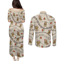 Beige Palaka Hawaii Mele Kalikimaka Couples Matching Puletasi and Long Sleeve Button Shirt Ohia Lehua Shell Leis Funny Gingerbread Santa LT14 - Polynesian Pride