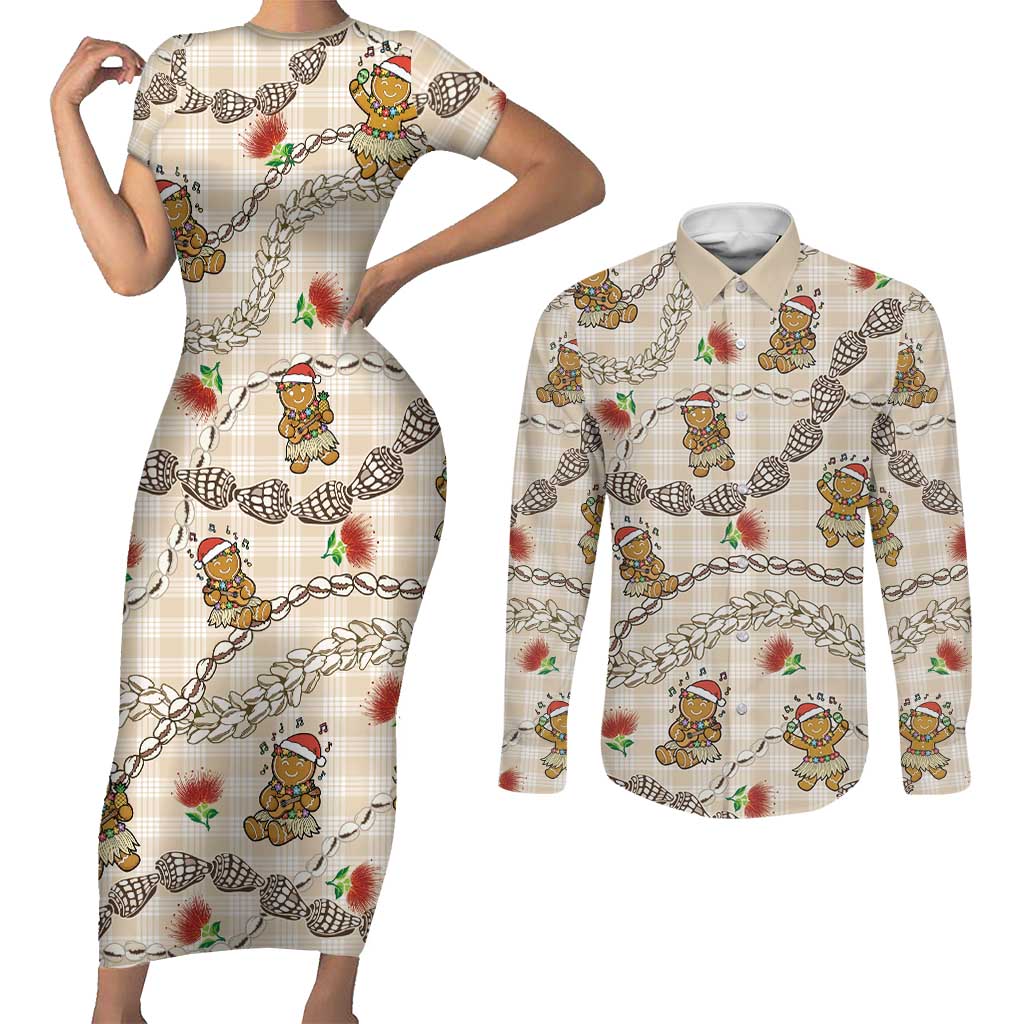 Beige Palaka Hawaii Mele Kalikimaka Couples Matching Short Sleeve Bodycon Dress and Long Sleeve Button Shirt Ohia Lehua Shell Leis Funny Gingerbread Santa - Polynesian Pride