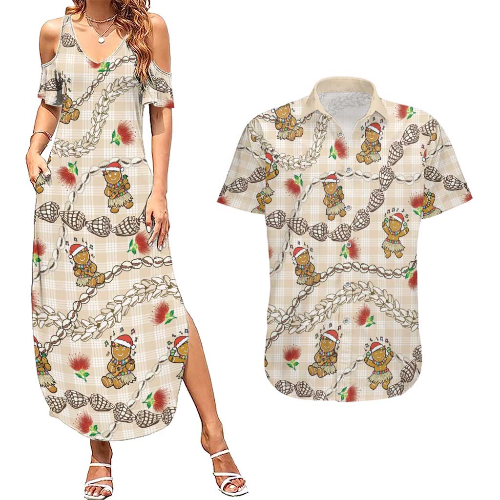Beige Palaka Hawaii Mele Kalikimaka Couples Matching Summer Maxi Dress and Hawaiian Shirt Ohia Lehua Shell Leis Funny Gingerbread Santa LT14 Beige - Polynesian Pride