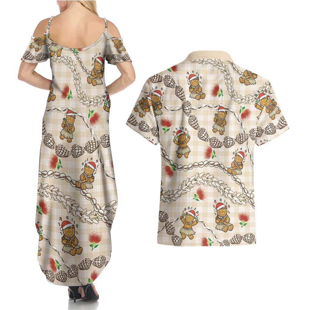 Beige Palaka Hawaii Mele Kalikimaka Couples Matching Summer Maxi Dress and Hawaiian Shirt Ohia Lehua Shell Leis Funny Gingerbread Santa LT14 - Polynesian Pride