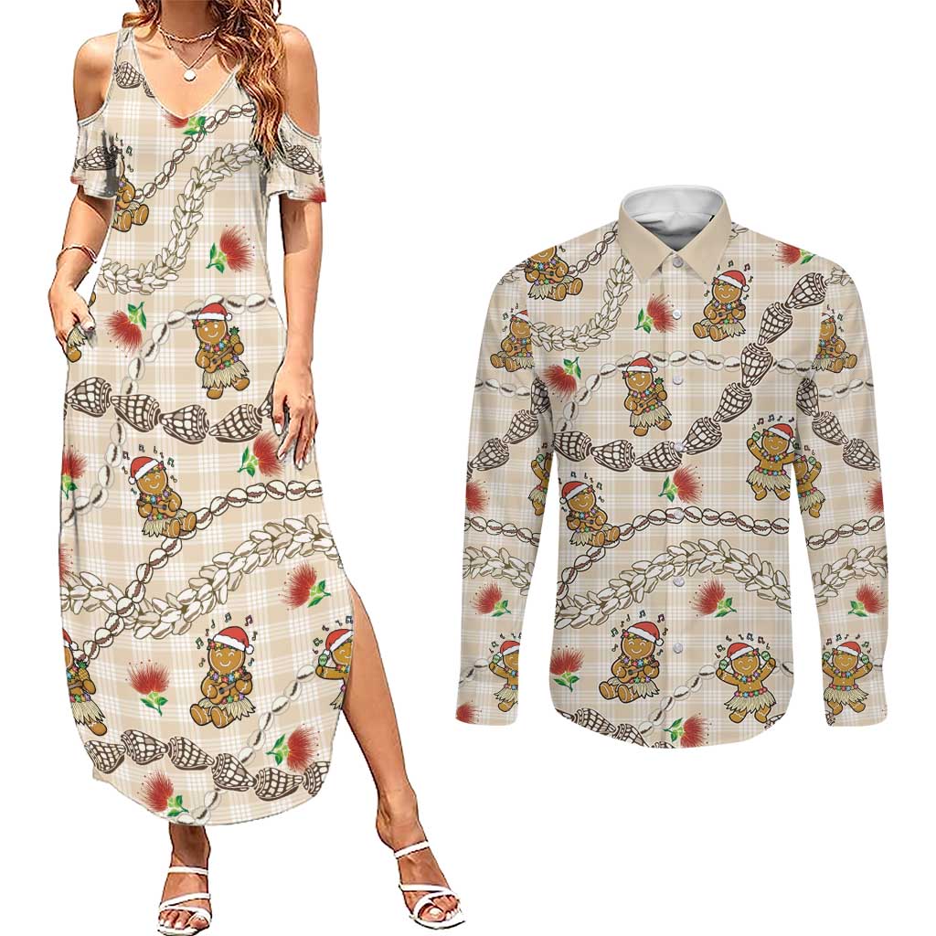 Beige Palaka Hawaii Mele Kalikimaka Couples Matching Summer Maxi Dress and Long Sleeve Button Shirt Ohia Lehua Shell Leis Funny Gingerbread Santa LT14 Beige - Polynesian Pride