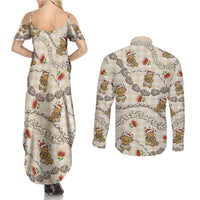 Beige Palaka Hawaii Mele Kalikimaka Couples Matching Summer Maxi Dress and Long Sleeve Button Shirt Ohia Lehua Shell Leis Funny Gingerbread Santa LT14 - Polynesian Pride