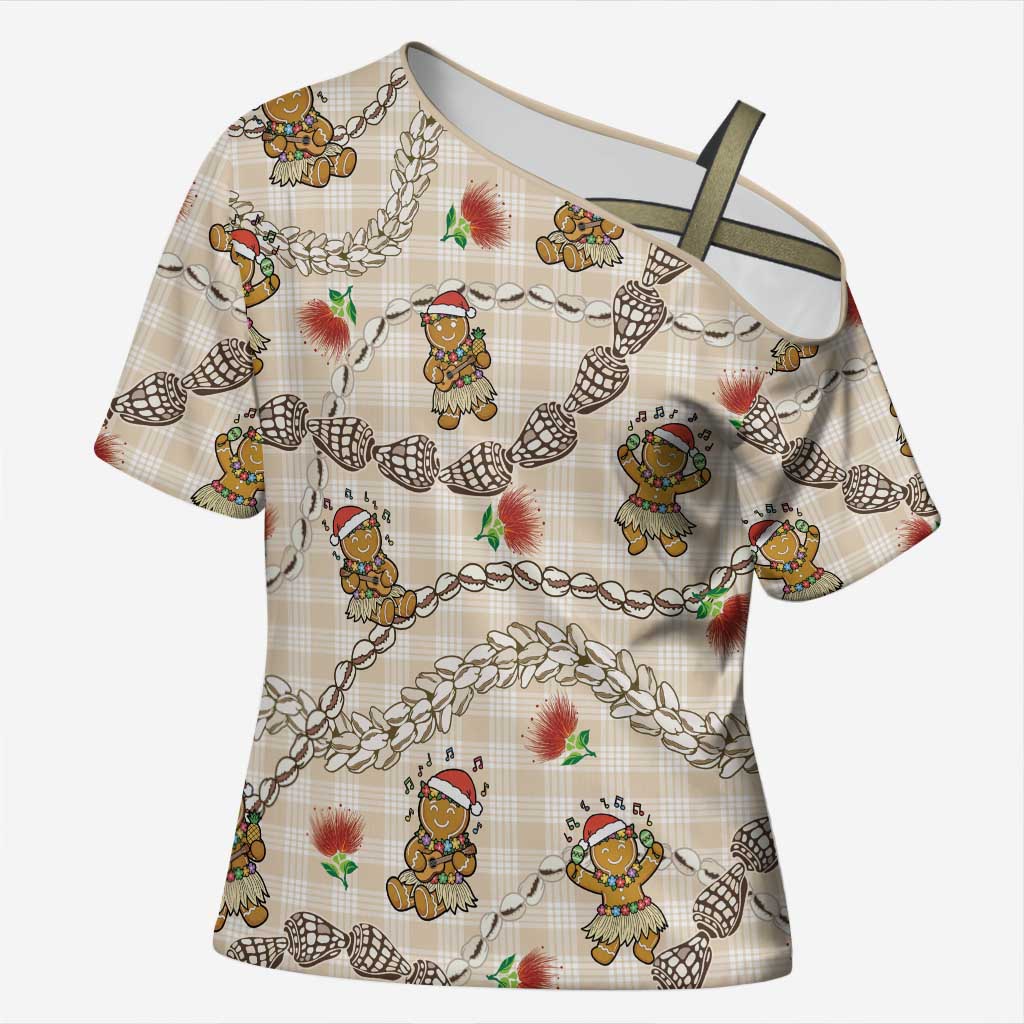 Beige Palaka Hawaii Mele Kalikimaka Cross Shoulder Shirt Ohia Lehua Shell Leis Funny Gingerbread Santa LT14 Female Beige - Polynesian Pride