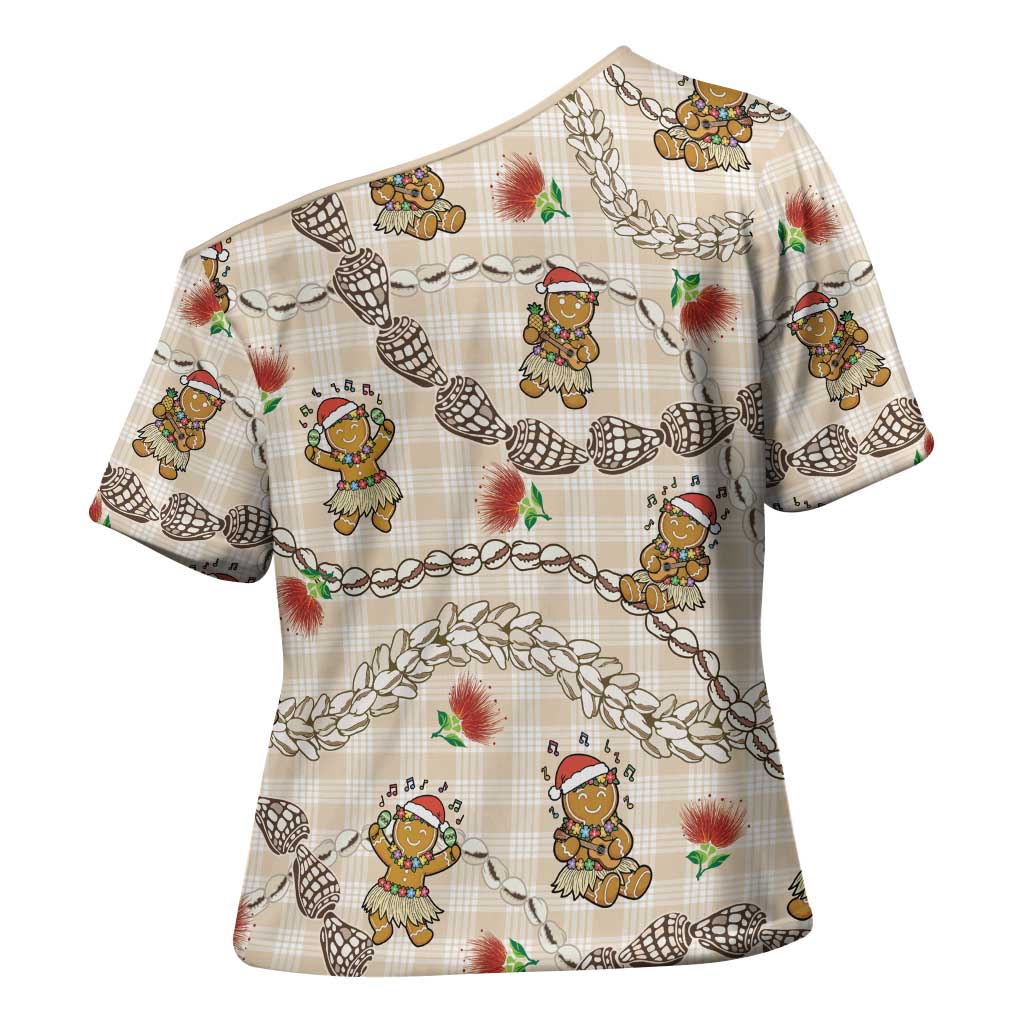 Beige Palaka Hawaii Mele Kalikimaka Cross Shoulder Shirt Ohia Lehua Shell Leis Funny Gingerbread Santa LT14 - Polynesian Pride