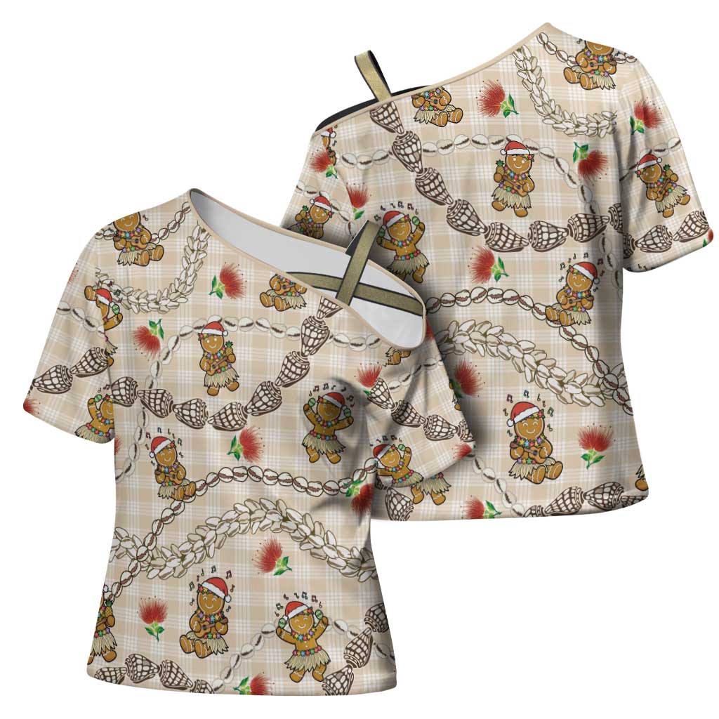 Beige Palaka Hawaii Mele Kalikimaka Cross Shoulder Shirt Ohia Lehua Shell Leis Funny Gingerbread Santa LT14 - Polynesian Pride