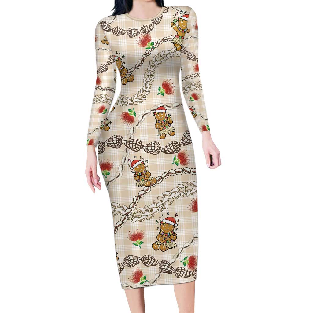 Beige Palaka Hawaii Mele Kalikimaka Family Matching Long Sleeve Bodycon Dress and Hawaiian Shirt Ohia Lehua Shell Leis Funny Gingerbread Santa LT14 Beige - Polynesian Pride
