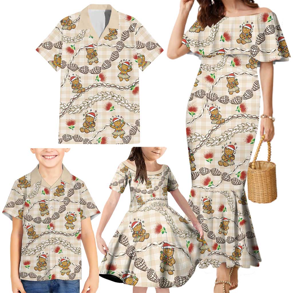Beige Palaka Hawaii Mele Kalikimaka Family Matching Mermaid Dress and Hawaiian Shirt Ohia Lehua Shell Leis Funny Gingerbread Santa - Polynesian Pride