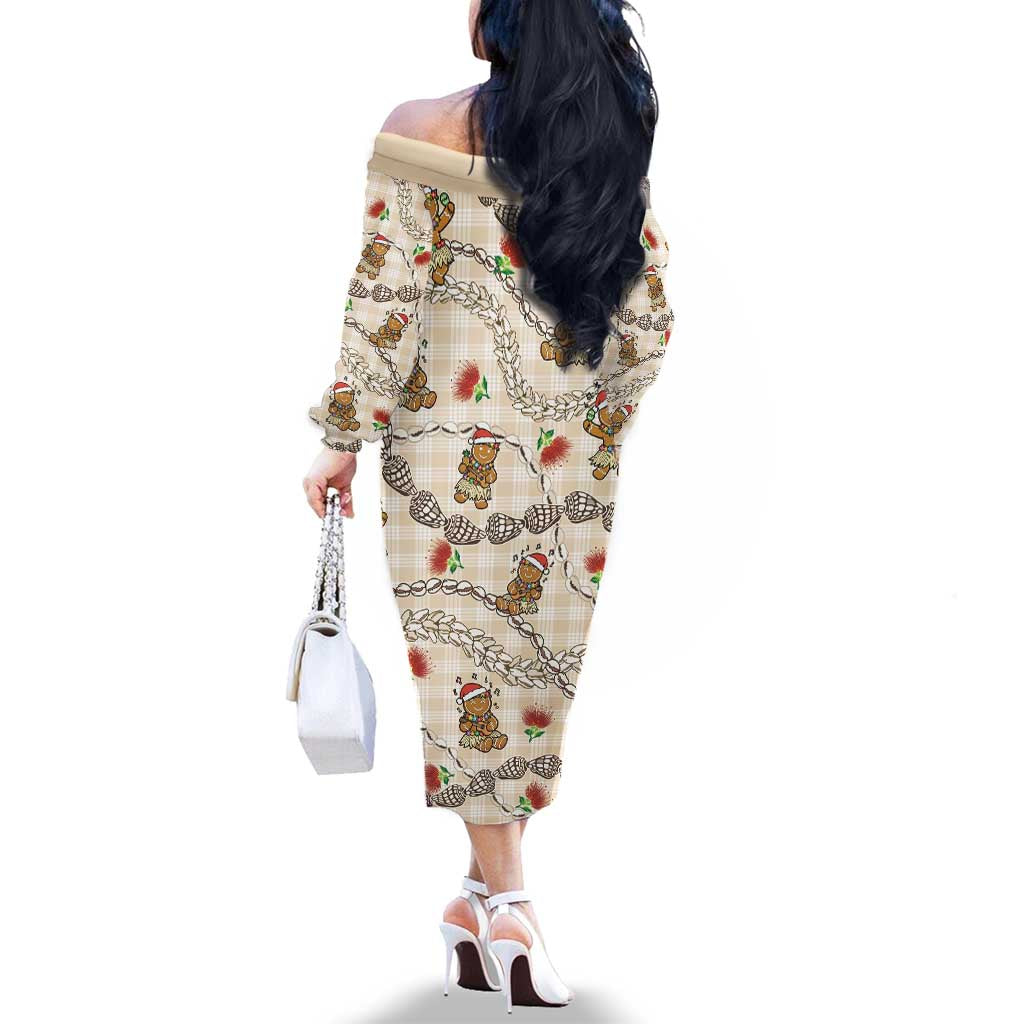 Beige Palaka Hawaii Mele Kalikimaka Family Matching Off The Shoulder Long Sleeve Dress and Hawaiian Shirt Ohia Lehua Shell Leis Funny Gingerbread Santa LT14 - Polynesian Pride