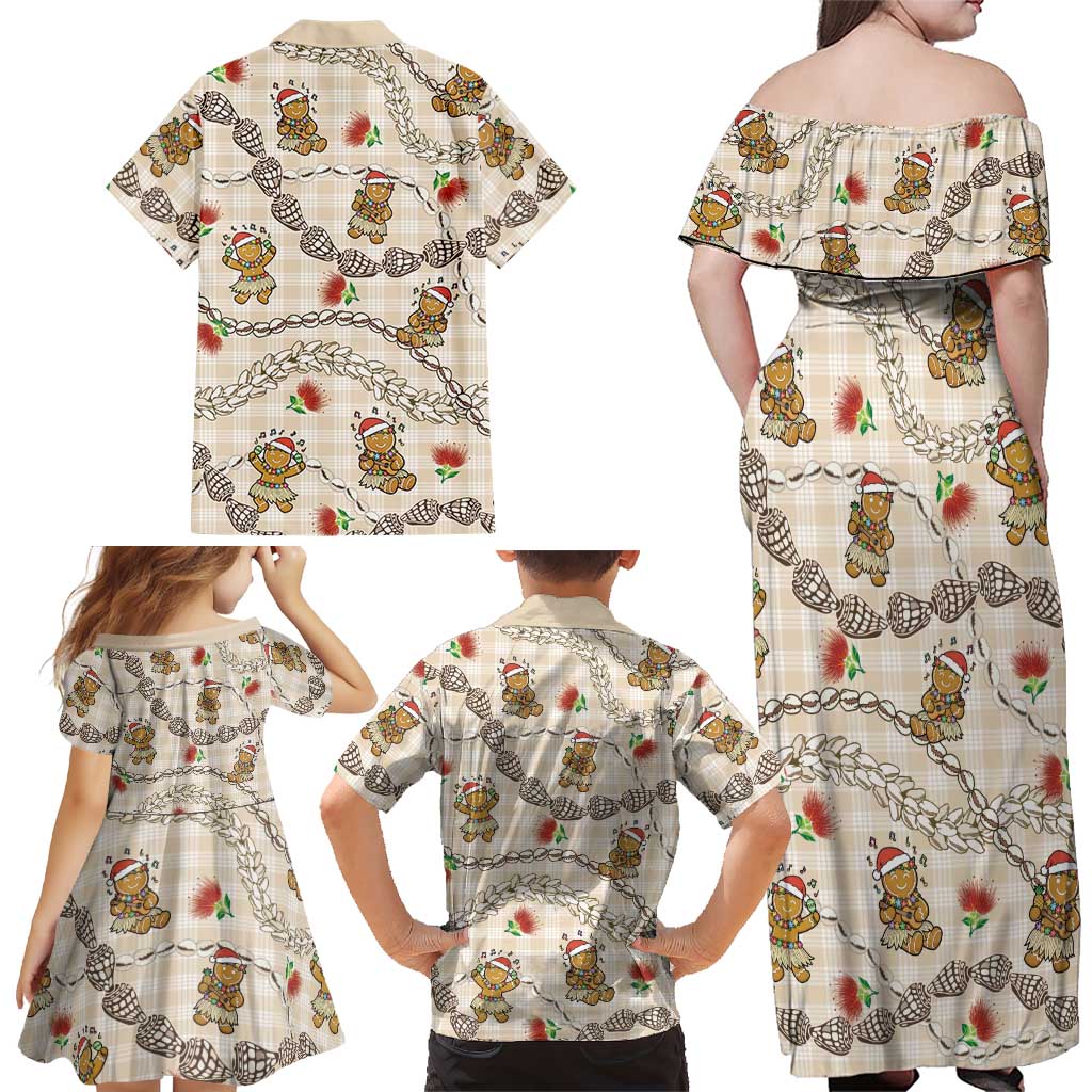 Beige Palaka Hawaii Mele Kalikimaka Family Matching Off Shoulder Maxi Dress and Hawaiian Shirt Ohia Lehua Shell Leis Funny Gingerbread Santa LT14 - Polynesian Pride