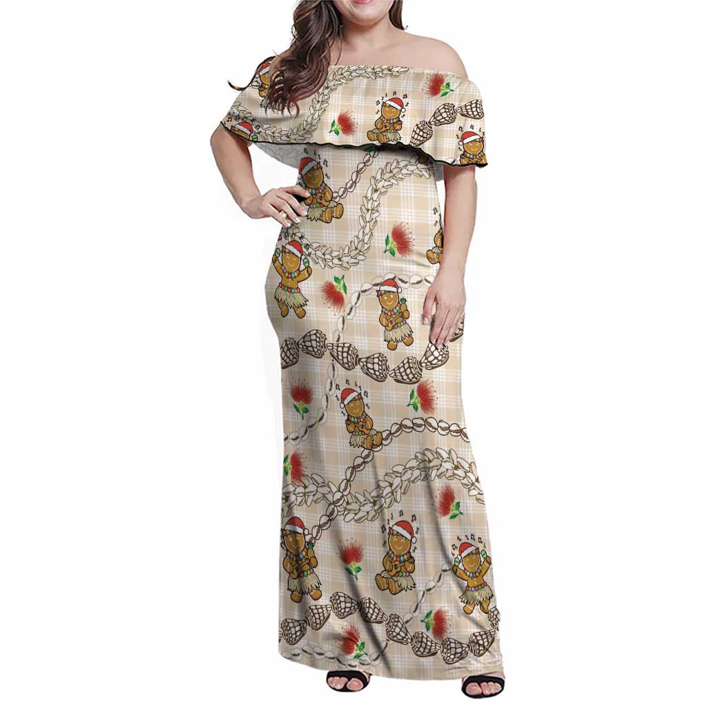 Beige Palaka Hawaii Mele Kalikimaka Family Matching Off Shoulder Maxi Dress and Hawaiian Shirt Ohia Lehua Shell Leis Funny Gingerbread Santa LT14 Beige - Polynesian Pride