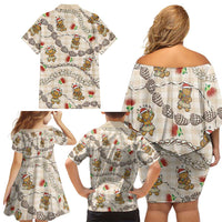 Beige Palaka Hawaii Mele Kalikimaka Family Matching Off Shoulder Short Dress and Hawaiian Shirt Ohia Lehua Shell Leis Funny Gingerbread Santa LT14 - Polynesian Pride