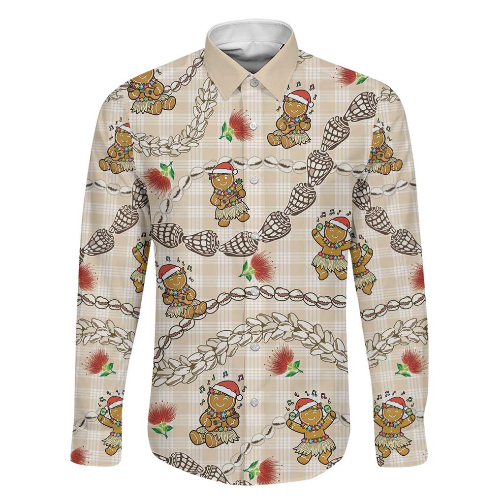 Beige Palaka Hawaii Mele Kalikimaka Family Matching Off Shoulder Short Dress and Hawaiian Shirt Ohia Lehua Shell Leis Funny Gingerbread Santa LT14 Dad's Shirt - Long Sleeve Beige - Polynesian Pride