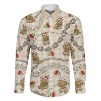 Beige Palaka Hawaii Mele Kalikimaka Family Matching Off Shoulder Short Dress and Hawaiian Shirt Ohia Lehua Shell Leis Funny Gingerbread Santa LT14 Dad's Shirt - Long Sleeve Beige - Polynesian Pride