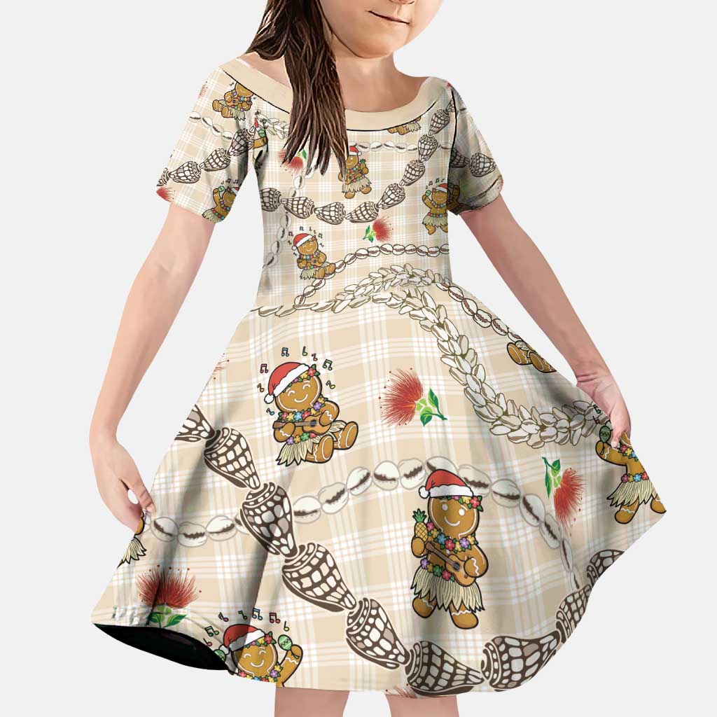 Beige Palaka Hawaii Mele Kalikimaka Family Matching Puletasi and Hawaiian Shirt Ohia Lehua Shell Leis Funny Gingerbread Santa LT14 Daughter's Dress Beige - Polynesian Pride