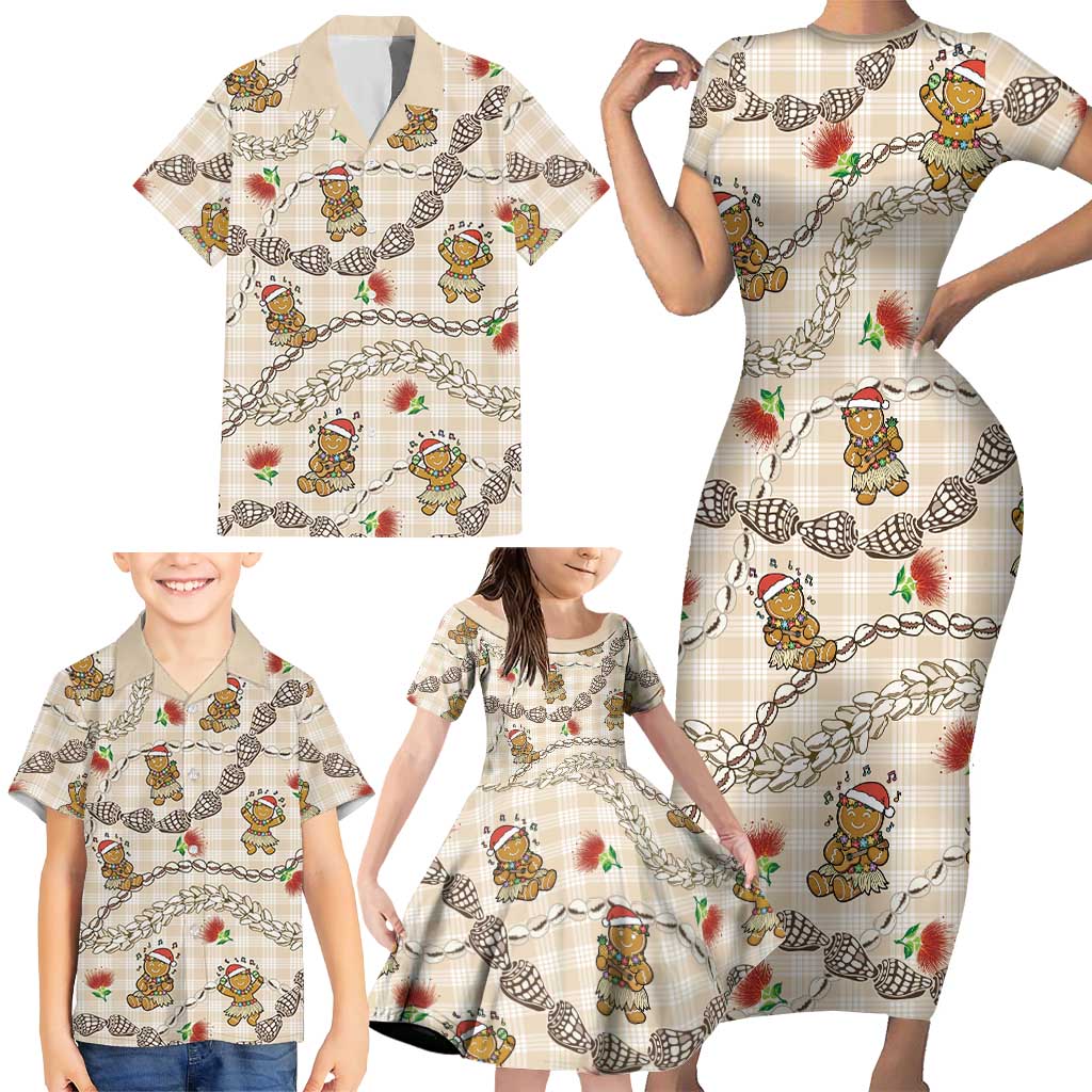 Beige Palaka Hawaii Mele Kalikimaka Family Matching Short Sleeve Bodycon Dress and Hawaiian Shirt Ohia Lehua Shell Leis Funny Gingerbread Santa - Polynesian Pride