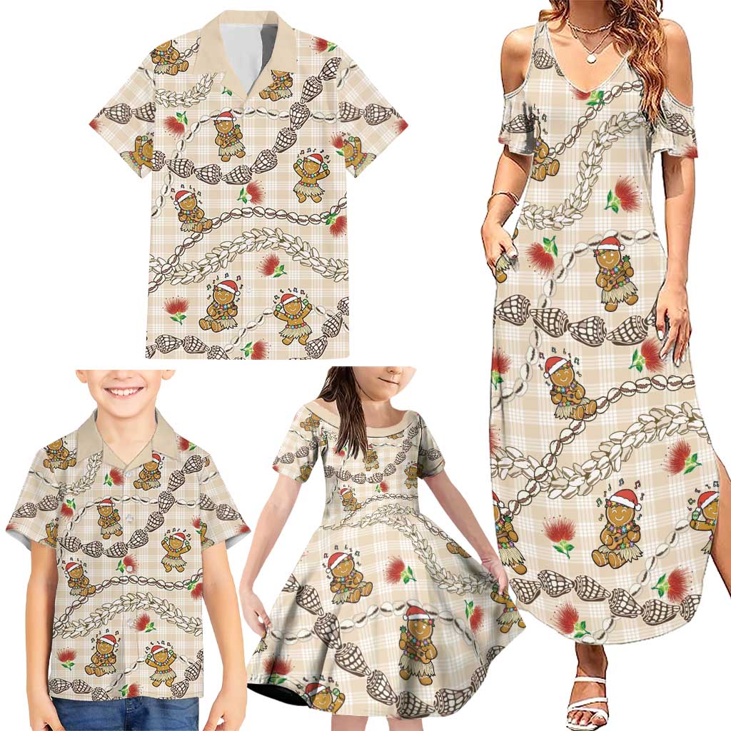 Beige Palaka Hawaii Mele Kalikimaka Family Matching Summer Maxi Dress and Hawaiian Shirt Ohia Lehua Shell Leis Funny Gingerbread Santa - Polynesian Pride