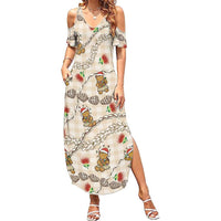 Beige Palaka Hawaii Mele Kalikimaka Family Matching Summer Maxi Dress and Hawaiian Shirt Ohia Lehua Shell Leis Funny Gingerbread Santa LT14 Beige - Polynesian Pride
