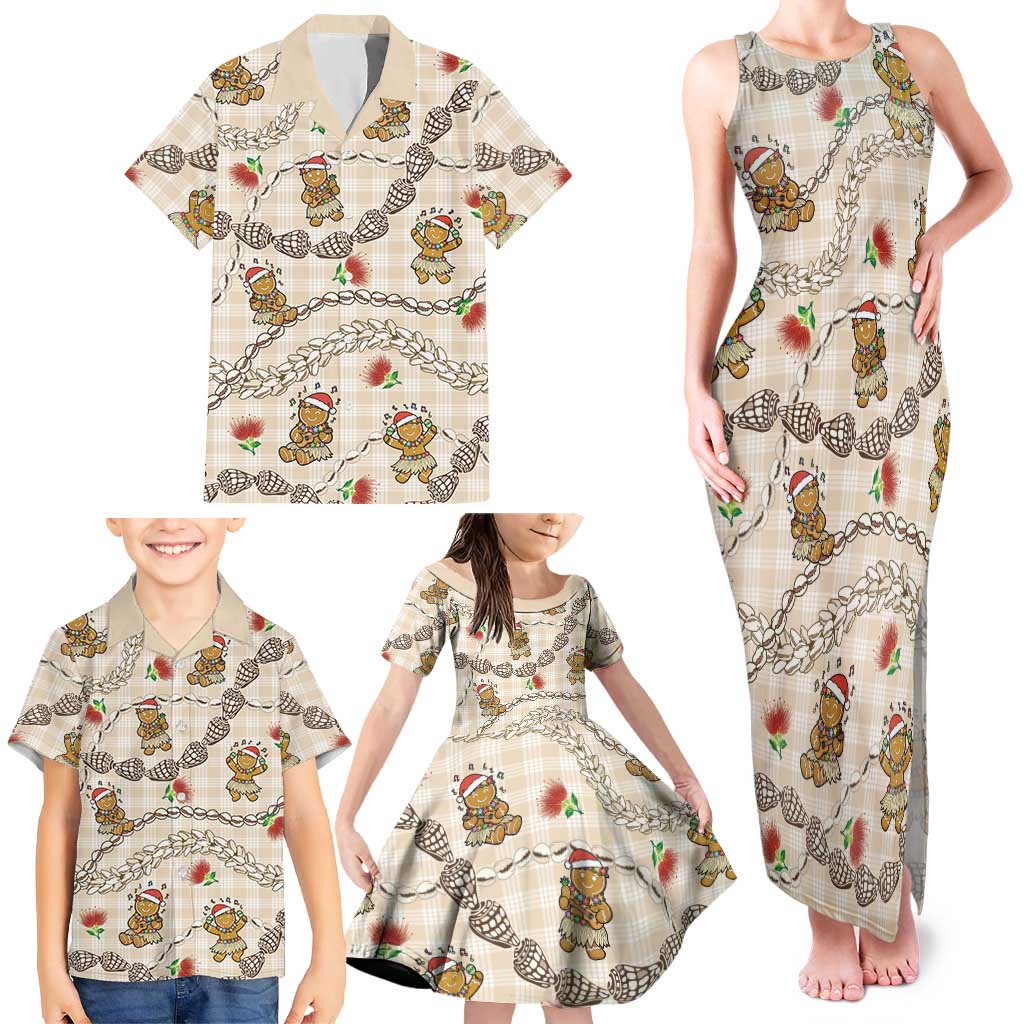 Beige Palaka Hawaii Mele Kalikimaka Family Matching Tank Maxi Dress and Hawaiian Shirt Ohia Lehua Shell Leis Funny Gingerbread Santa - Polynesian Pride