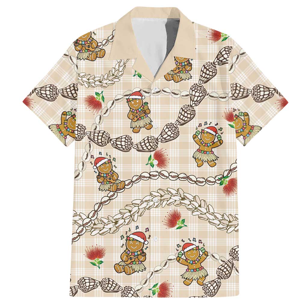 Beige Palaka Hawaii Mele Kalikimaka Hawaiian Shirt Ohia Lehua Shell Leis Funny Gingerbread Santa LT14 Beige - Polynesian Pride