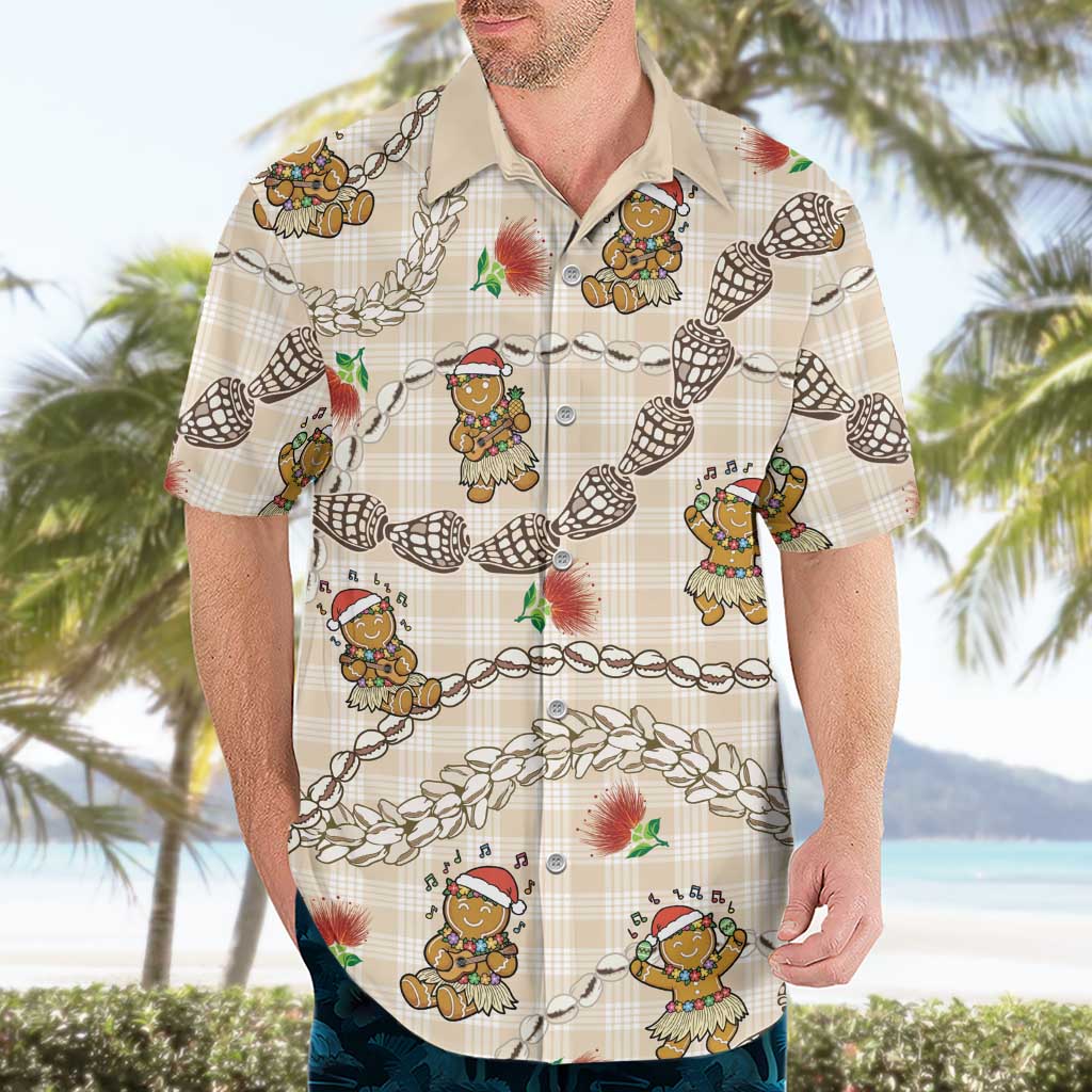 Beige Palaka Hawaii Mele Kalikimaka Hawaiian Shirt Ohia Lehua Shell Leis Funny Gingerbread Santa LT14 - Polynesian Pride