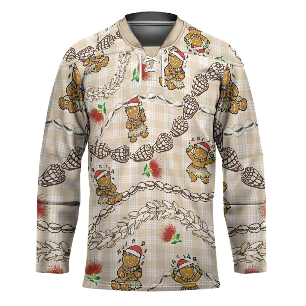 Beige Palaka Hawaii Mele Kalikimaka Hockey Jersey Ohia Lehua Shell Leis Funny Gingerbread Santa LT14 Unisex Beige - Polynesian Pride