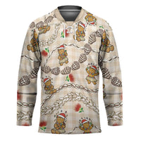 Beige Palaka Hawaii Mele Kalikimaka Hockey Jersey Ohia Lehua Shell Leis Funny Gingerbread Santa LT14 Unisex Beige - Polynesian Pride