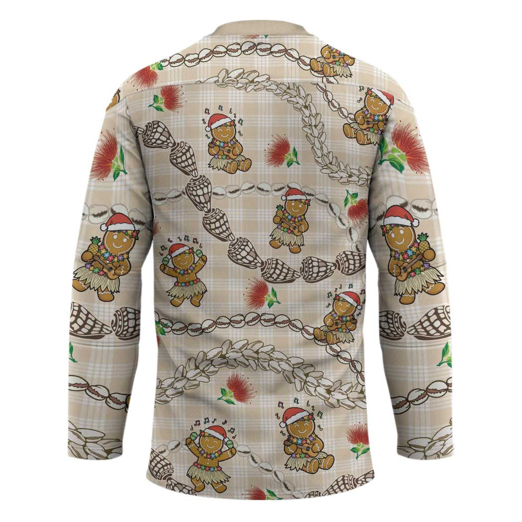 Beige Palaka Hawaii Mele Kalikimaka Hockey Jersey Ohia Lehua Shell Leis Funny Gingerbread Santa LT14 - Polynesian Pride