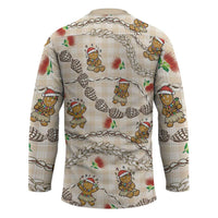 Beige Palaka Hawaii Mele Kalikimaka Hockey Jersey Ohia Lehua Shell Leis Funny Gingerbread Santa LT14 - Polynesian Pride