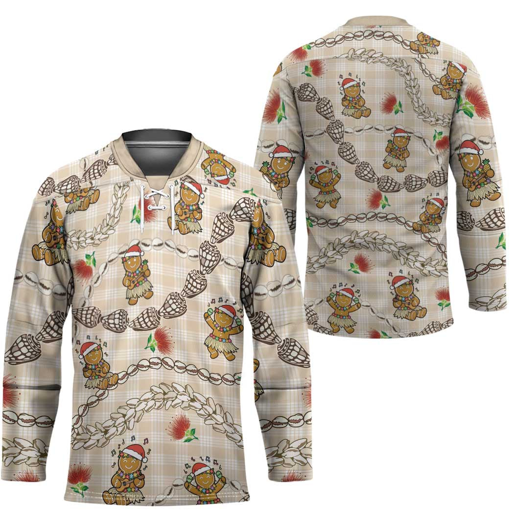 Beige Palaka Hawaii Mele Kalikimaka Hockey Jersey Ohia Lehua Shell Leis Funny Gingerbread Santa LT14 - Polynesian Pride