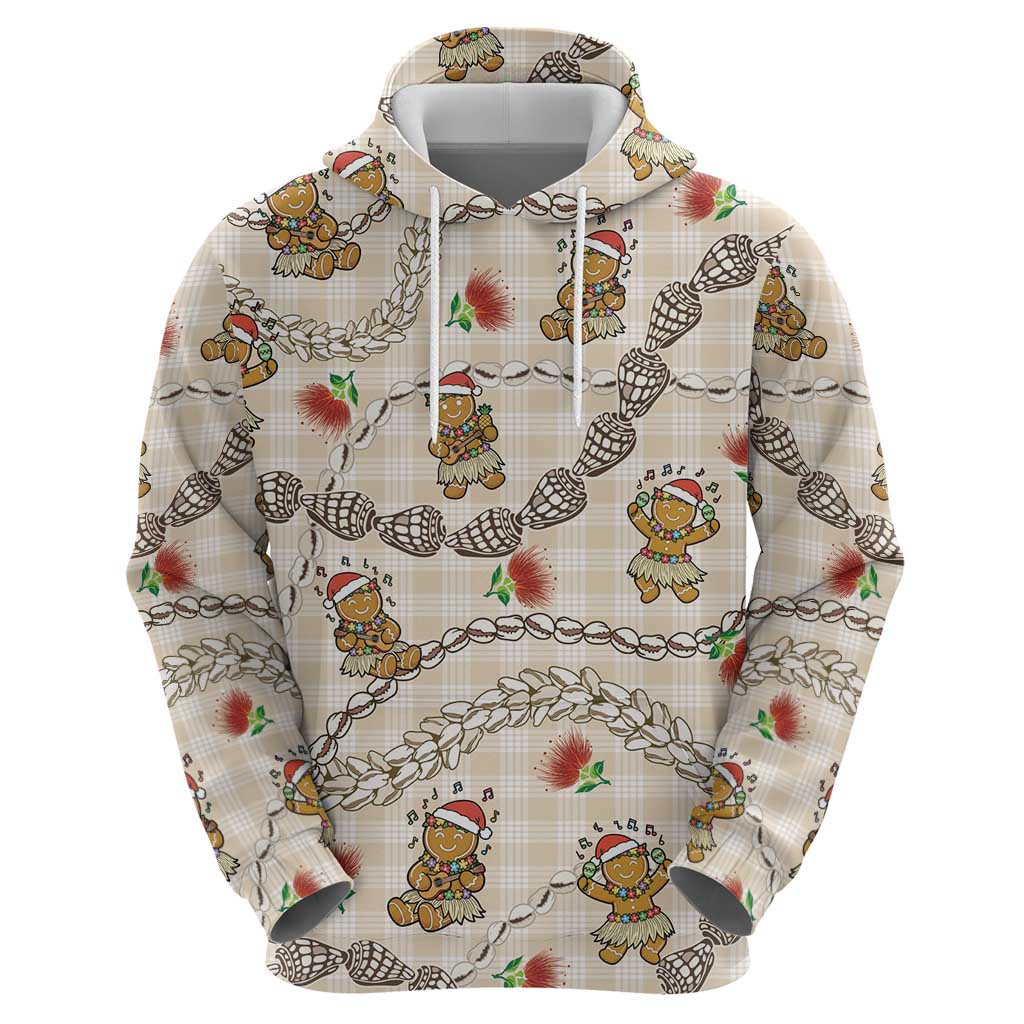 Beige Palaka Hawaii Mele Kalikimaka Hoodie Ohia Lehua Shell Leis Funny Gingerbread Santa LT14 - Polynesian Pride