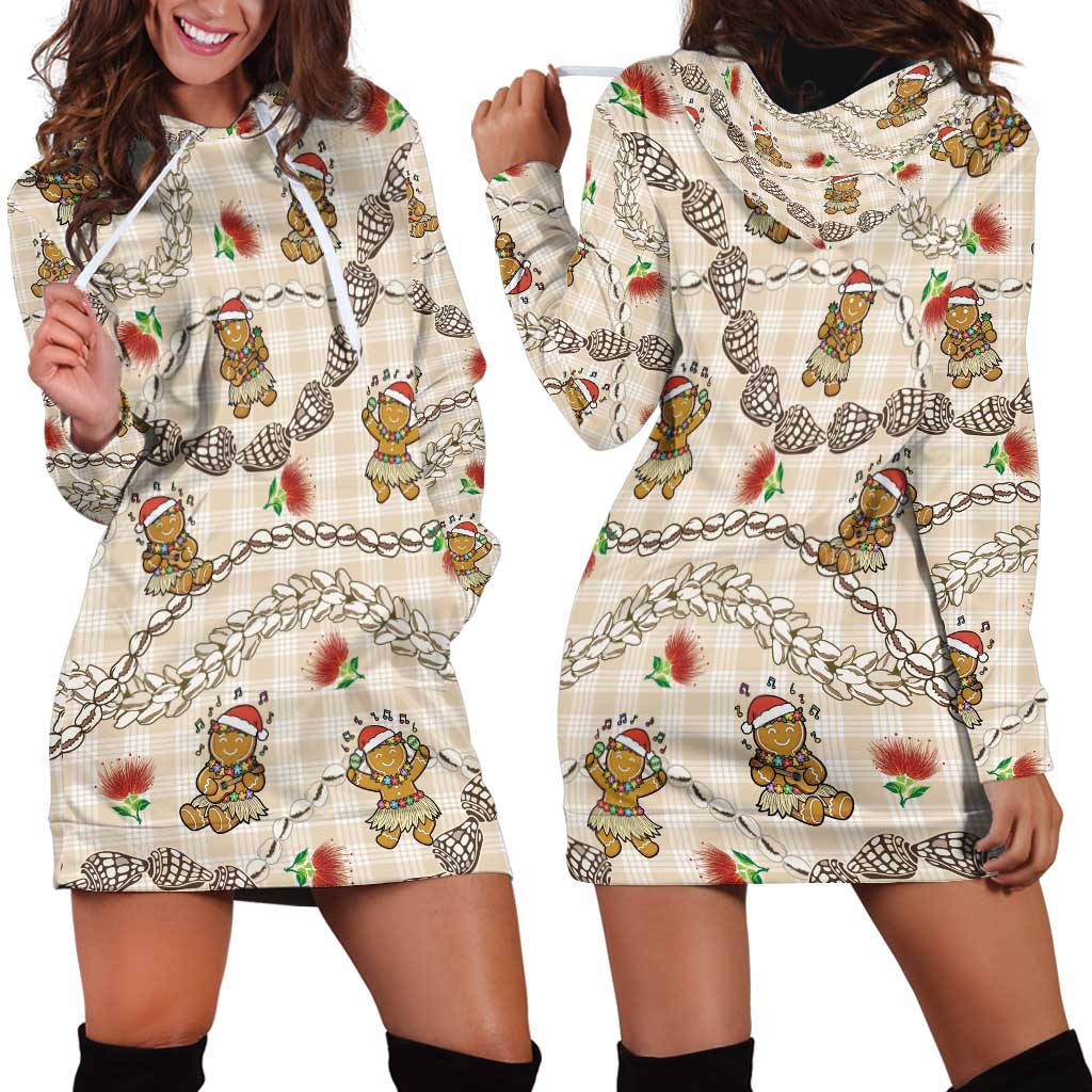 Beige Palaka Hawaii Mele Kalikimaka Hoodie Dress Ohia Lehua Shell Leis Funny Gingerbread Santa LT14 - Polynesian Pride