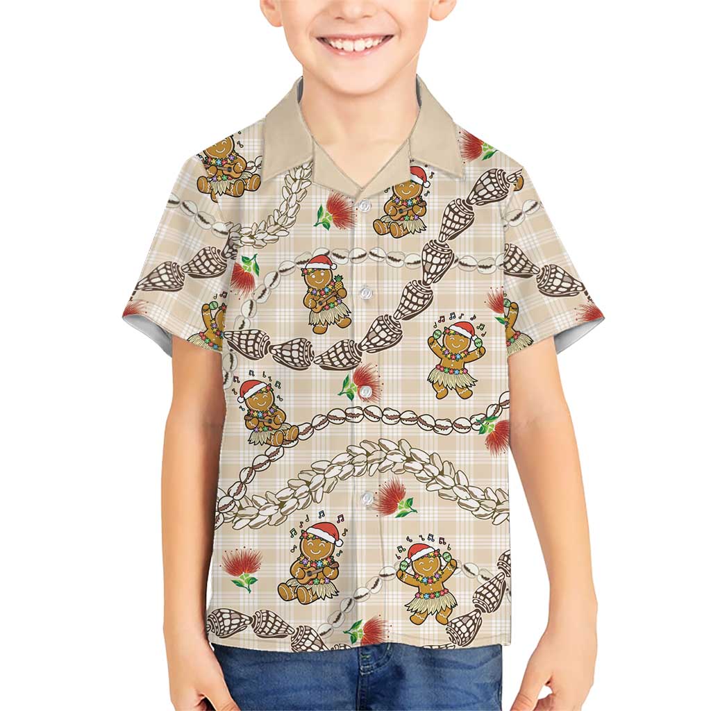 Beige Palaka Hawaii Mele Kalikimaka Kid Hawaiian Shirt Ohia Lehua Shell Leis Funny Gingerbread Santa LT14 Kid Beige - Polynesian Pride