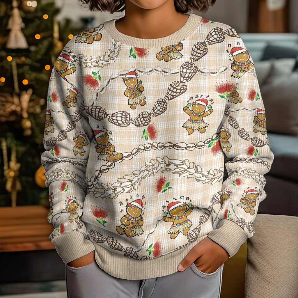 Beige Palaka Hawaii Mele Kalikimaka Kid Ugly Christmas Sweater Ohia Lehua Shell Leis Funny Gingerbread Santa LT14 - Polynesian Pride