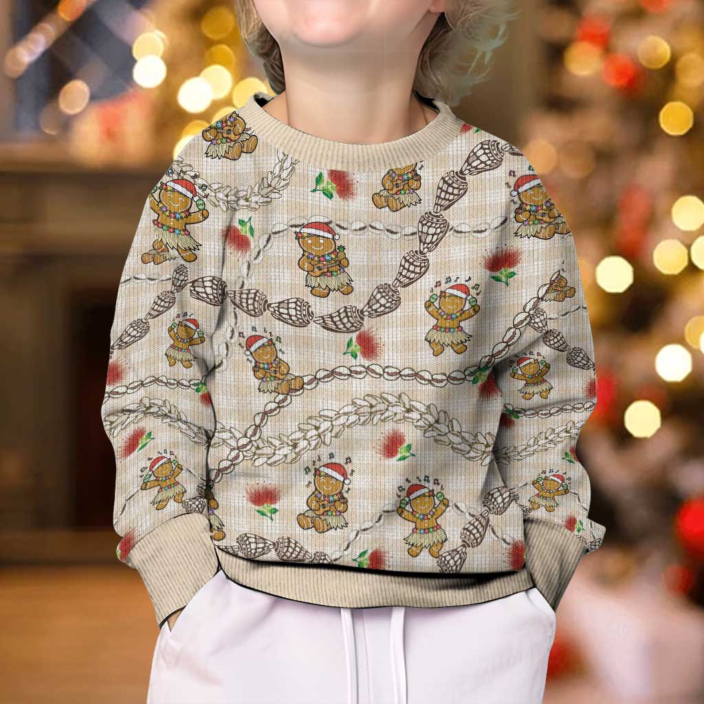 Beige Palaka Hawaii Mele Kalikimaka Kid Ugly Christmas Sweater Ohia Lehua Shell Leis Funny Gingerbread Santa LT14 - Polynesian Pride