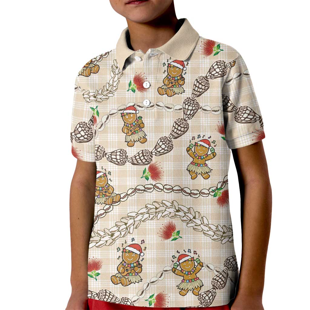 Beige Palaka Hawaii Mele Kalikimaka Kid Polo Shirt Ohia Lehua Shell Leis Funny Gingerbread Santa - Polynesian Pride
