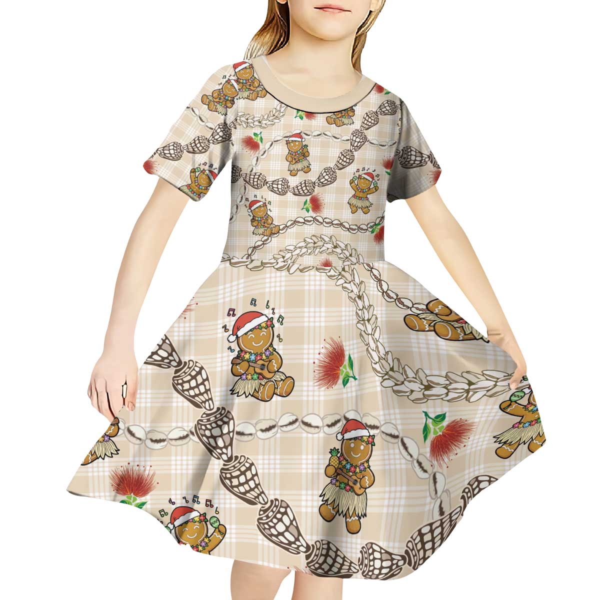 Beige Palaka Hawaii Mele Kalikimaka Kid Short Sleeve Dress Ohia Lehua Shell Leis Funny Gingerbread Santa LT14 - Polynesian Pride