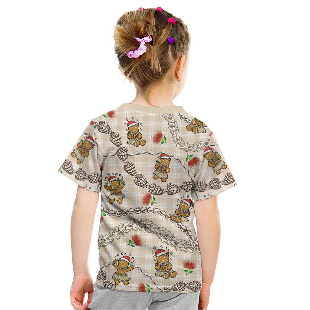 Beige Palaka Hawaii Mele Kalikimaka Kid T Shirt Ohia Lehua Shell Leis Funny Gingerbread Santa LT14 - Polynesian Pride