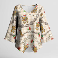 Beige Palaka Hawaii Mele Kalikimaka Kimono Sleeve Blouse Ohia Lehua Shell Leis Funny Gingerbread Santa LT14 Female Beige - Polynesian Pride