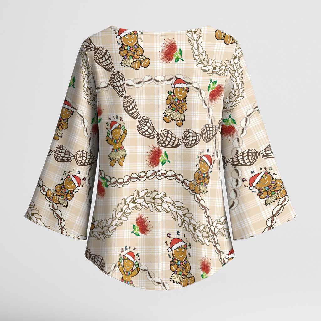 Beige Palaka Hawaii Mele Kalikimaka Kimono Sleeve Blouse Ohia Lehua Shell Leis Funny Gingerbread Santa LT14 - Polynesian Pride