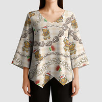 Beige Palaka Hawaii Mele Kalikimaka Kimono Sleeve Blouse Ohia Lehua Shell Leis Funny Gingerbread Santa LT14 - Polynesian Pride